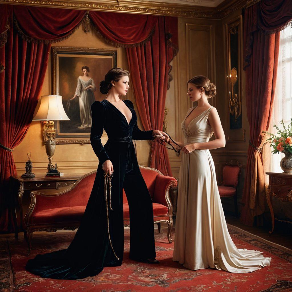 A powerful and confident woman in elegant attire holding a whip gently, with a serene, surrendering partner at her feet, both in a luxurious, dimly-lit room adorned with velvet curtains. The scene should convey mutual trust and emotional connection, with subtle, tasteful bondage accessories in the background. painting. vibrant colors. dark, intimate atmosphere.